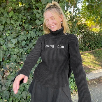 SUCHCUTE Vēstuli Izdrukāt Gadījuma Sievietes augstu uzrullētu apkakli Džemperis Gothic garām Piedurknēm Adīts Pulovers 2020. Gada Rudenī Streetwear 90s Tērpiem