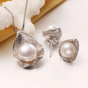 Saldūdens Pērļu Rotaslietas ,pērle kulons Juvelierizstrādājumu Komplekti Sieviešu Pērļu Kaklarotu/Auskaru Kāzu Rotaslietas Kopums , Shell kulons dizains