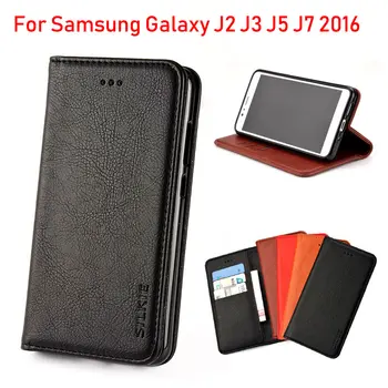 Samsung Galaxy J2 J3 J5 J7 2016 gadījumā Luksusa Pārsegu Vintage Ādas ar Kartes Slots, Bez magnētiem būtiska coque par J3 J7