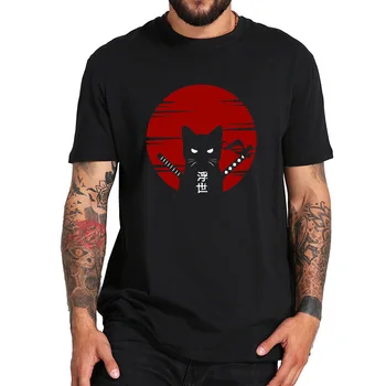 Samurai Cat T krekls Japānas Stila Ukiyoe Kultūras Oriģināla Dizaina Modelis Drukāšanas Kokvilnas Topi Tee Tee Black Streetwear