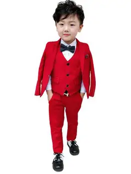 Sarkana/pelēka 3Pcs Black Toddler Zēnu Uzvalki, Kāzas, Oficiālas Bērniem bleizeri Uzvalks, Smokings Puse drēbes žakete+veste+elsas