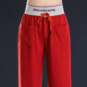Sarkans sieviešu trikotāžas izlīdzināšanu biksēm elastīgs viduklis ar aukliņu, gadījuma pilna garuma bikses, pavasara rudens freshipping