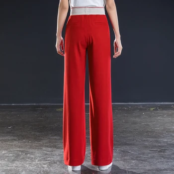 Sarkans sieviešu trikotāžas izlīdzināšanu biksēm elastīgs viduklis ar aukliņu, gadījuma pilna garuma bikses, pavasara rudens freshipping