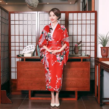 Sarkanā Japāņu Drukāt Zieds Peldmētelis Kimono Kleita Sievietēm Satīna Tradīciju Yukata Ar Obi Vintage Vakara Kleita Cosplay Kostīms