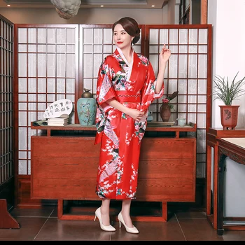 Sarkanā Japāņu Drukāt Zieds Peldmētelis Kimono Kleita Sievietēm Satīna Tradīciju Yukata Ar Obi Vintage Vakara Kleita Cosplay Kostīms