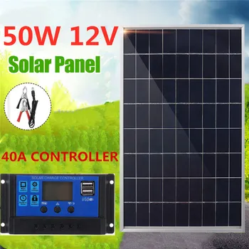 Saules Panelis 50W USB 12V Monokristālu Šūnu +40A Saules Lādētājs Kontrolieris Akumulators Mobilo Telefonu Lādētājs ar Akumulatoru Klipu