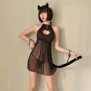 Seksīga Mežģīņu Kaķis Vienādu Sieviešu Apakšveļas Kopa Atvērt Krūšturi Erotisku Apakšveļu, Caurspīdīgu Kleitu Cosplay Tērpi Babydoll tenue Dzimums