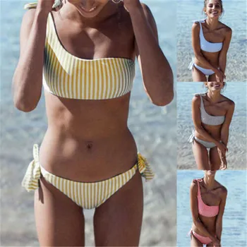 Seksīgi Bikini 2019 Sievietes Viena Pleca, Peldkostīmi Sieviešu Mežģīnes Up Peldkostīms Zilā Sarkanā Svītrains Peldkostīms Beachwear Brazīlijas Bikini Komplekts