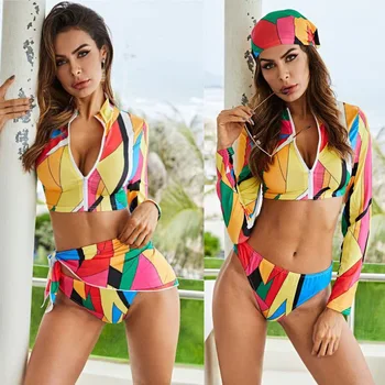 Seksīgi Bikini 2019 mujer izsitumi aizsargs Peldkostīmi Sievietēm 3 Gabals Peldkostīms Bikini Komplekts ar garām Piedurknēm rashguard Peldkostīmi sērfošana, peldēšana