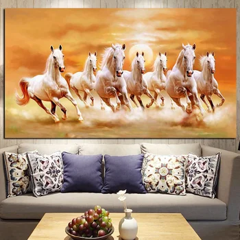Septiņi Darbojas Balta Zirga, Dzīvnieku Gleznošana Mākslas Audekls Mākslas Zelta Plakāti un Izdrukas Mūsdienīga Sienas Māksla Attēlu Dzīvojamā Istaba