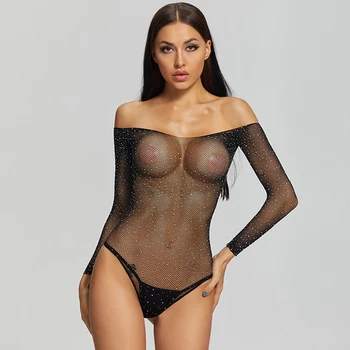 Sexy Bodysuit Sievietes Ar Rhinestones Fishnet Acs Struktūra, Transparente Tops Melns Ar Garām Piedurknēm Femme 2020