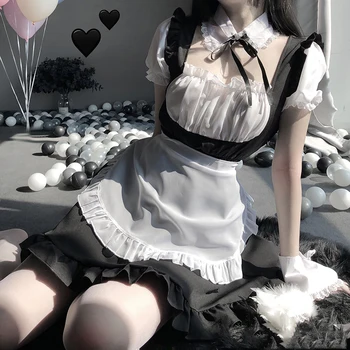 Sexy Cute Mežģīnes Up Melnā un Baltā Meitene Kleita Lomu spēļu Kostīmu Pārredzamu Šifons Cosplay Anime Vienotu Kārdinājumam Uzvalks