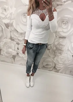 Sexy Dobi no Mežģīņu Blūzes Sieviešu Krekls Top 2018 Cietā Ziedu Mežģīnes Atveriet Plecu, Rozā, Balta, Blusa Streetwear garām Piedurknēm Gadījuma