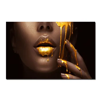 Sexy Gold Lūpu Melnās Āfrikas Pliks Sieviete, Eļļas Glezna uz Audekla Plakāti un Izdrukas Skandināvijas Sienas Art Attēlus dzīvojamā istaba