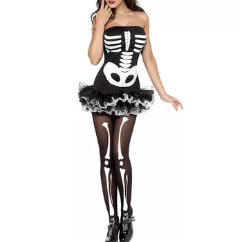Sexy Halloween Skeleta Kaulu Zombija Kostīms, Tutu Mini Korsešu Caurule Kleita Pieaugušām Sievietēm Biedējošu Tilla Terora Šausmas Apģērbs Meitenēm