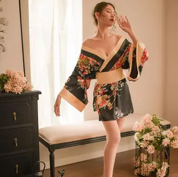 Sexy Japāņu Peldmētelis Īsi Melni Sarkanā Kimono Sieviete Vienotu Ārējo Apģērbs