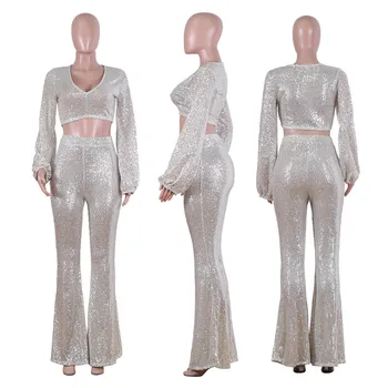 Sexy Mirdzēt Sequin Matching Apģērbs Dāmas Rudenī Elegantu V-Kakla Garām Piedurknēm Kultūraugu Top + Palazzo Izlīdzināšanu Bikses 2 Gabals, Kas Plus Lieluma