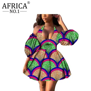 Sexy Pavada Puse Kleita Āfrikas drukāt Augstā vidukļa Pie pleca Laternu Piedurknēm Ankara stila Vasks, kokvilnas Plus lieluma Apģērbu S2025067