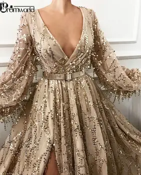 Sexy Spraugas Zelta Vakara Kleitas Ir 2021. Jaunākās Modes Vizuļi Mežģīnes, Dubaija Saūda Arābu Balles Kleitas Ar Garām Piedurknēm Formālā Puse Kleita