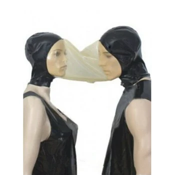 Sexy cienītājiem apakšveļa unisex latext savienoti caurspīdīgu roku darbs lateksa dubultā kapuces pāris maska cekc vienotu fetiša tērpu