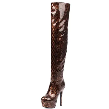 Sgesvier Čūska drukāt Ādas virs ceļgala zābaki sieviete plānas augsta papēža sexy Puse botas mujer de 2019 Jauno Ilgi Boot sieviešu kurpes