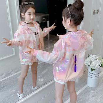 Shinny Rozā Modes Meiteņu Mētelis Virsdrēbes Ar Garām Piedurknēm Ar Kapuci Bērniem Jakas 2020 