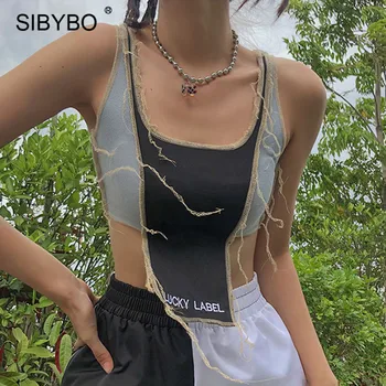 Sibybo Ribu Trikotāžas Daudzām Sievietēm, Topi Bez Piedurknēm, Vasaras O-Veida Kakla Top Gadījuma Vēstuli Izdrukāt Modes Streetwear Pamata Tee 2020