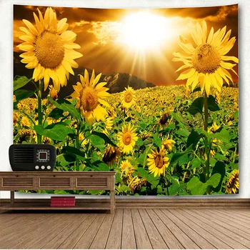 Sienas Gobelēns Saulespuķes Ziedu Dzeltenu Ziedu Sunset Sky Art Sienas Karājas Liels Gobelēni Ar Pēdiņām Meitene Kopmītnes Guļamistaba Dekori