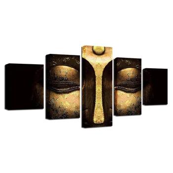 Sienas Mākslas Audekls HD Izdrukā Plakātu, Mājas Dekoru Attēlus 5 Gabali, Zelta Budas Mierīgu Sejas Apgleznošana Moduļu Dzīvojamā Istaba Sistēmu