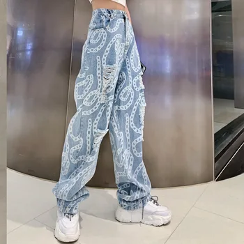Sieviete caurumu džinsi 2020. gada vasaras augsto vidukli, modes Ķēdes drukāt streetwear Taisnas džinsa bikses hiphop ripped džinsi sievietēm brīvs
