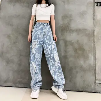 Sieviete caurumu džinsi 2020. gada vasaras augsto vidukli, modes Ķēdes drukāt streetwear Taisnas džinsa bikses hiphop ripped džinsi sievietēm brīvs
