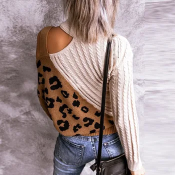 Sievietes Augstu Uzrullētu Apkakli Un Seksīgu Pie Pleca Adīti Džemperi Rudens Elegants Leopards Izdrukāt Raibs Džemperis Streetwear Dobi No Topi