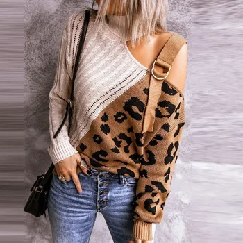 Sievietes Augstu Uzrullētu Apkakli Un Seksīgu Pie Pleca Adīti Džemperi Rudens Elegants Leopards Izdrukāt Raibs Džemperis Streetwear Dobi No Topi