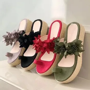 Sievietes, jaunas čības modes vidū papēži, lielas kurpes sieviešu salmu kokvilnas ziedu kurpes sandales dāmas āra gadījuma platforma čības