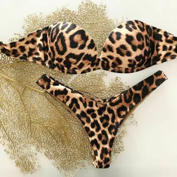 Sievietēm Zelta Sexy Pārsējs 2pc Bikini Komplekts Push-Up Leopards Drukāt Augstā Vidukļa Pludmalē Peldkostīmu Lenta Polsterētām Krūšturis peldkostīms, Peldbikses