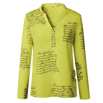 Sievietēm ar garām Piedurknēm Topi Blūze 2019 Modes V Kakla Vēstules Drukāšana Krekls Atpūtas Pogu Ikdienas Topi plus izmērs 3XL Shein