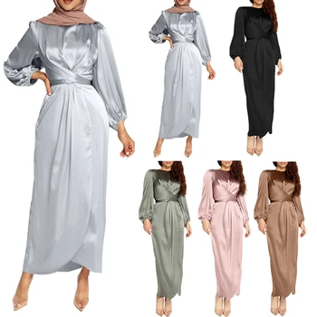 Sieviešu Arābu Musulmaņu Satīna Puff Garām Piedurknēm Wrap Priekšā Maxi Kleita Abaya Hijab Drēbes