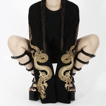 Sieviešu Atdzist Harajuku Brīvs Stils, Melnā, pelēkā vārna Golden Dragon Izšuvumi sporta Krekls ar garām Piedurknēm Japāņu Garš Krekls