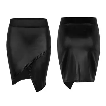 Sieviešu Black Clubwear Svārki Cietā Slapjš Izskatās, Viltus āda PU Augsta Vidukļa Svārki Dāmas Asimetriskas Sānu Spraugas Minimālisma Zīmuli Svārki