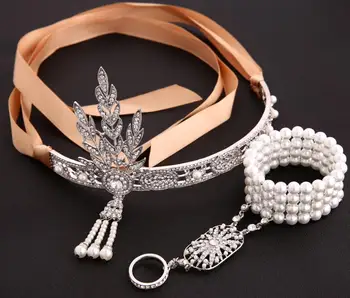 Sieviešu Great Gatsby Galvassegu pērle Gredzenu komplektu Headpiece Flapper Iedomātā Puse Tērpu Piederumu, Kāzu Līgavas Tiara Headpiece