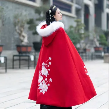 Sieviešu Hanfu Ķīnas Seno Tradicionālo Ziemas Biezu Sarkanu Kapuci Apmetnis Cape Hanfu Komplekts Sievietēm, Jaungada Kostīmu, Lai Plus Lieluma Sievietēm