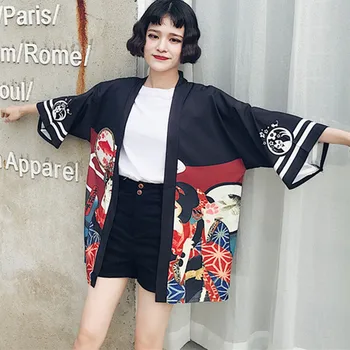 Sieviešu Japāņu Stila Kimono Jaka Dāmas Drukāt Vasaras Modes Zaudēt Sauļošanās Krekli