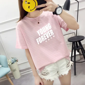 Sieviešu Kpop YOUNG FOREVER Vēstuli Izdrukāt Tee Krekls Ikdienas Kokvilnas Hipster Īsām Piedurknēm Krekls Topi Vasaras Svītru Mujer T-Krekls