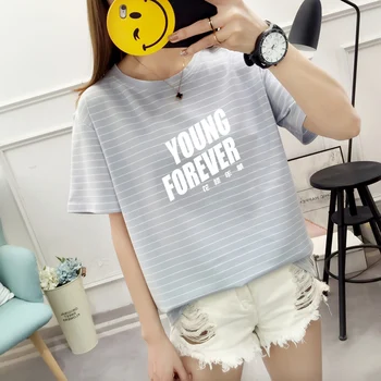 Sieviešu Kpop YOUNG FOREVER Vēstuli Izdrukāt Tee Krekls Ikdienas Kokvilnas Hipster Īsām Piedurknēm Krekls Topi Vasaras Svītru Mujer T-Krekls