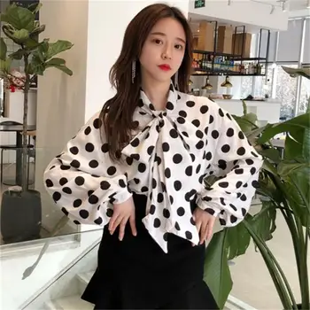 Sieviešu Krekls Ulzzang Japāņu Kawaii Dāmas Vintage Dot Modelis Loku Šifona Liels Vilnis Blūze Sieviešu Korejas Harajuku Cute Apģērbs