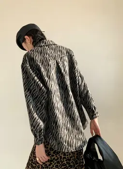 Sieviešu Krekls plus lieluma zebra modeli, Jaunu augstu uzrullētu apkakli ar garām Piedurknēm Loose Fit Modes Jūra Pavasara Rudens 