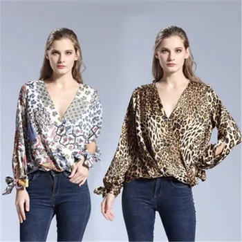 Sieviešu Leopard krekls Topi ar garām Piedurknēm Gadījuma V-veida kakla Sexy Stilu Sievietēm Zaudēt Blūzes mīksto V-veida Kakla Krekli