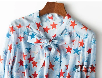 Sieviešu Mulberry Zīds Zīda Krepa zilas zvaigznes, tauriņu kaklu garām piedurknēm krekls Top Blūze Gredzenūbele biroja darba L XL MM052