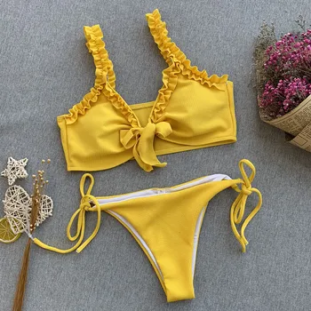 Sieviešu Peldkostīms 2019 Peldkostīmi Savirmot Siet Mezglotos Mikro Bikini Push Up Peldkostīms Sievietēm Sexy Peldkostīms Dzeltens Sarkans Peldēšanas Tērps