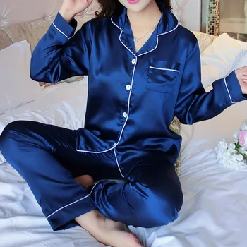 Sieviešu Pidžamas Komplekti Mākslīgās Zīda Satīna 2 Gabals Autum Femme Garām Piedurknēm Sleepwear Uzvalks Sieviešu Homewear Naktsveļu Pijamas Lounge Valkā